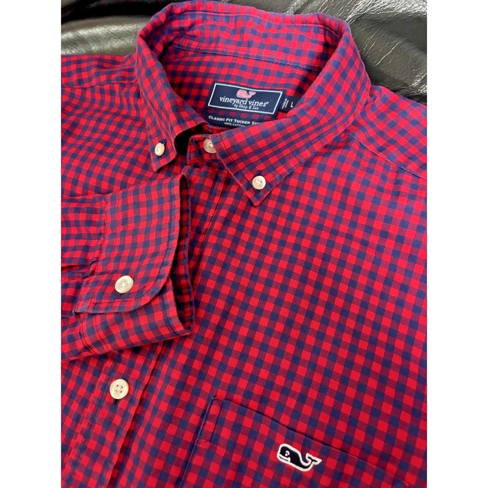 Vineyard Vines Shirt Tucker Classic Fit Button Down Mens L Red/Navy Plaid